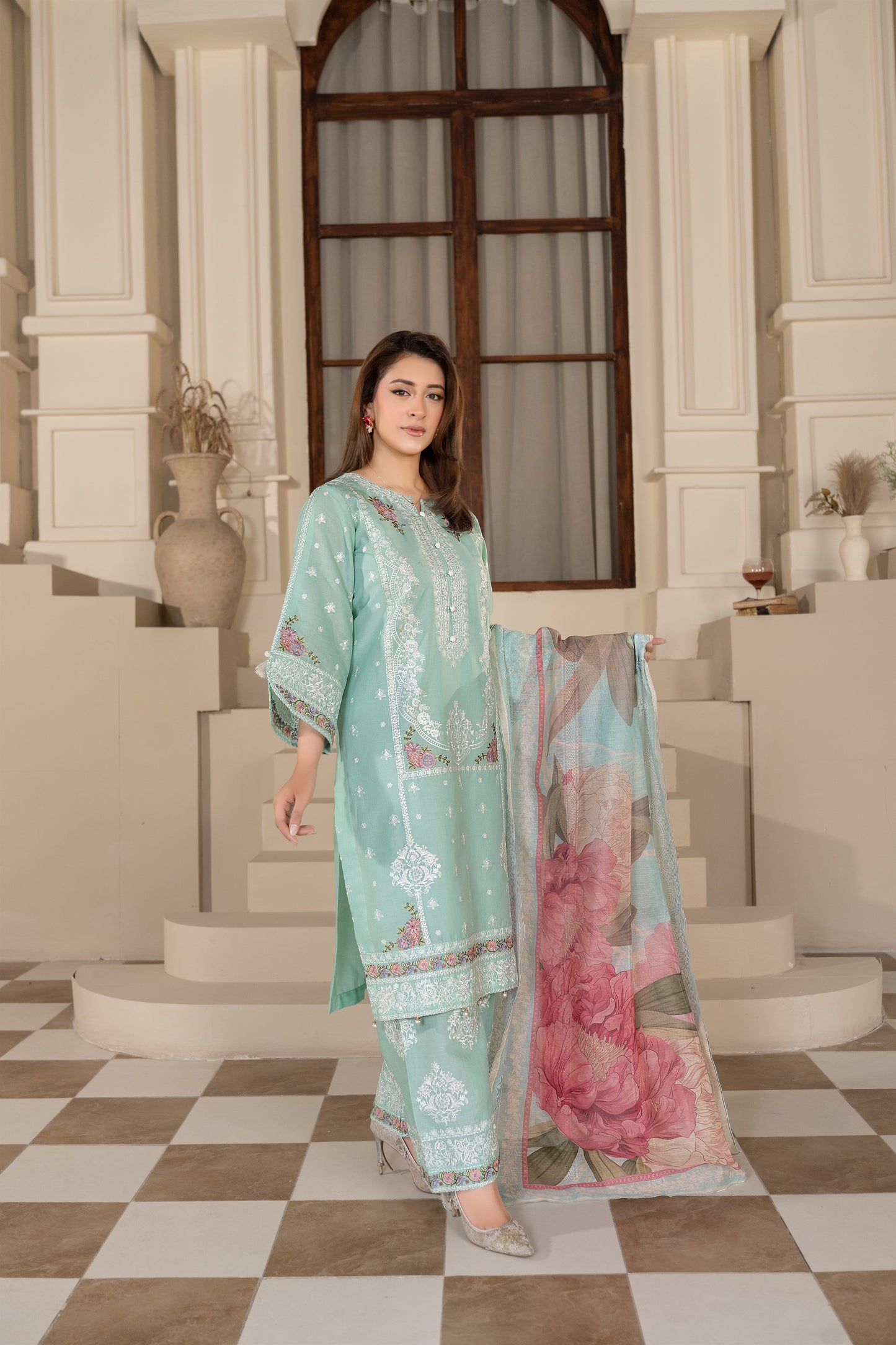 Aqua Embroidered 3-Piece