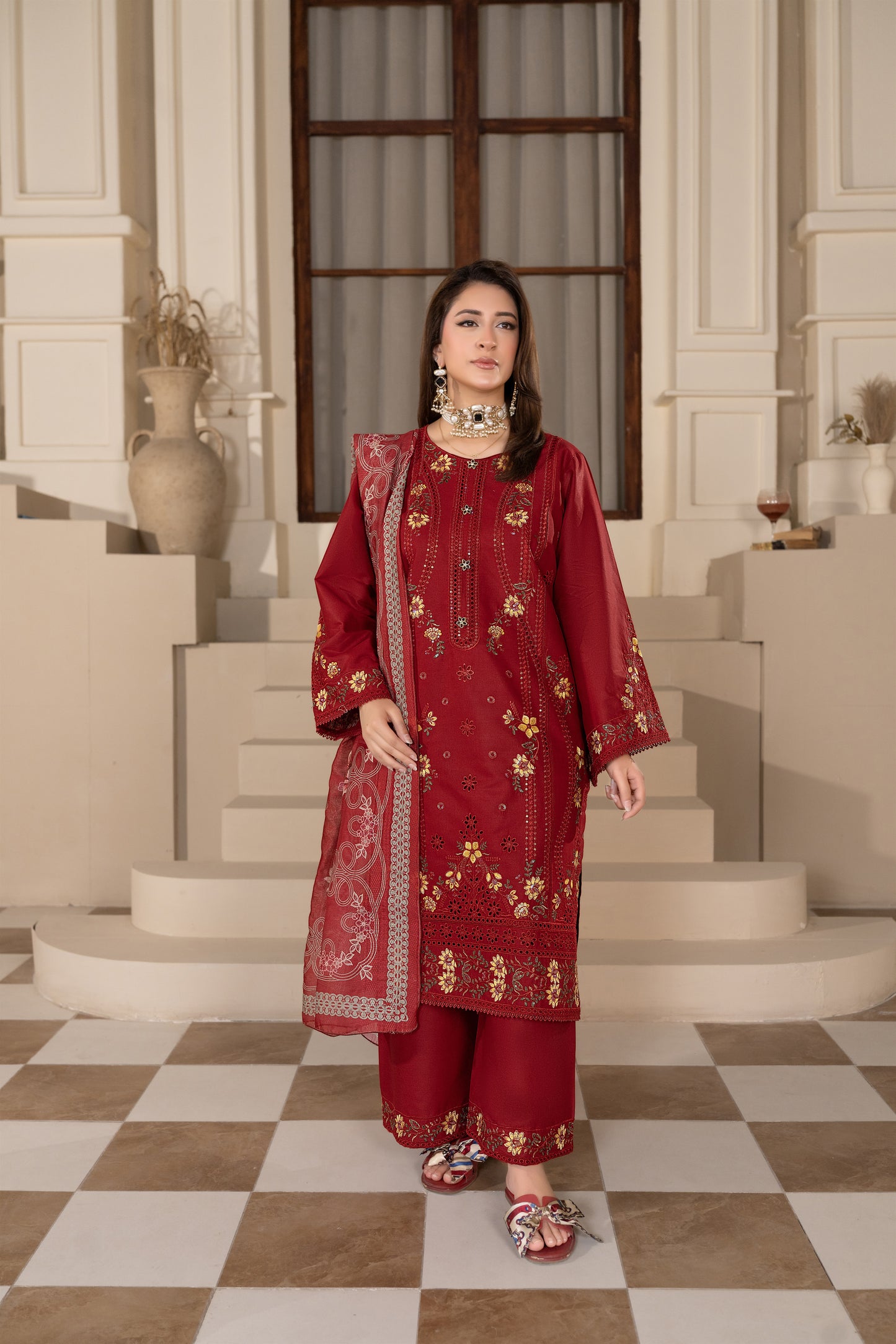 Maroon Embroidered 3-Piece