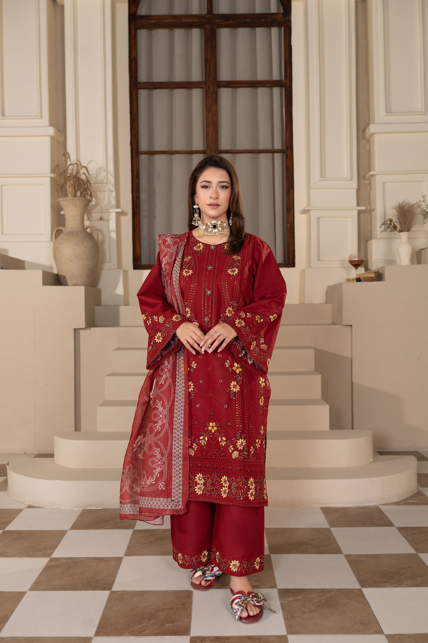 Maroon Embroidered 3-Piece