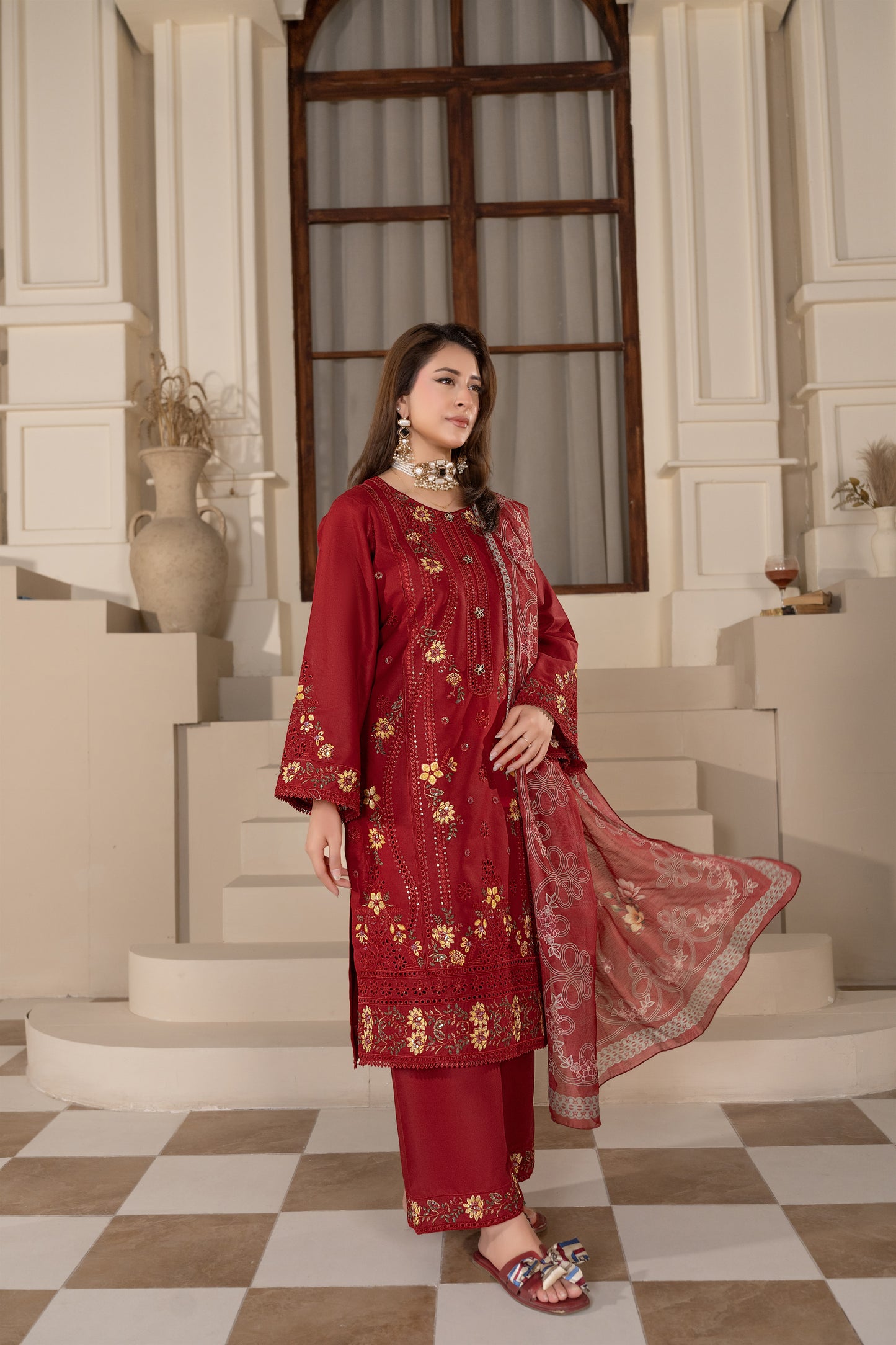 Maroon Embroidered 3-Piece