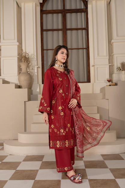 Maroon Embroidered 3-Piece
