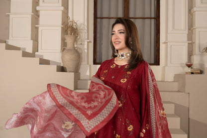 Maroon Embroidered 3-Piece