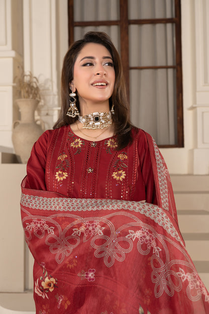 Maroon Embroidered 3-Piece