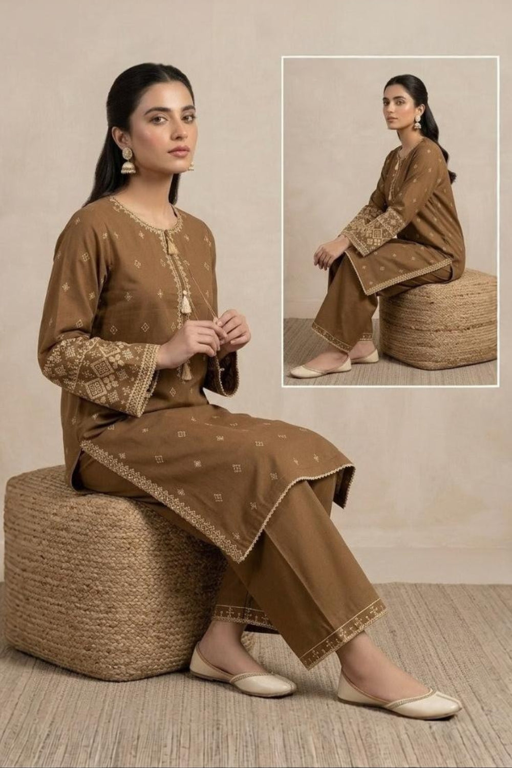 Brown Embroidered | 2 PCS