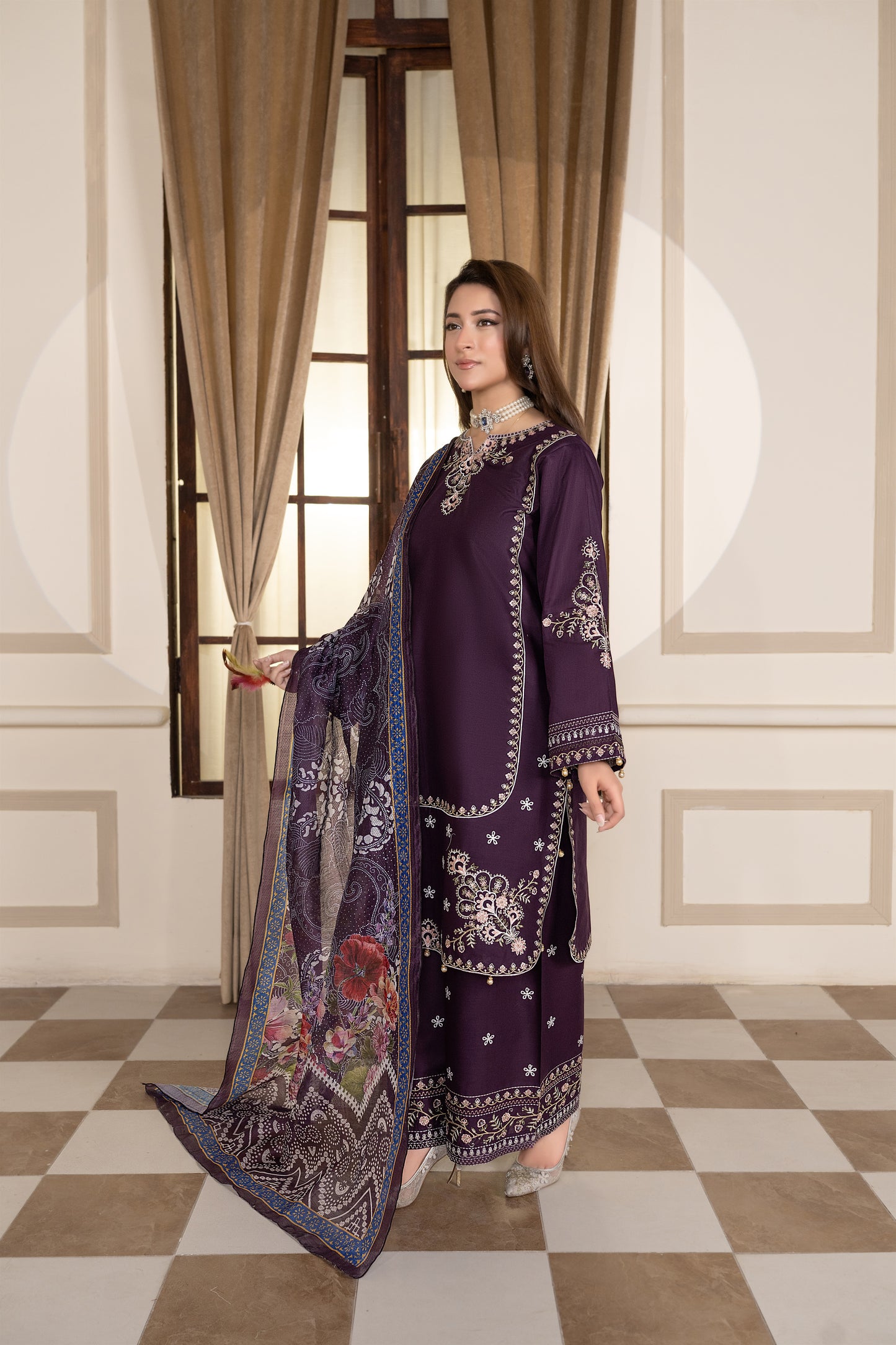 Purple Embroidered 3-Piece