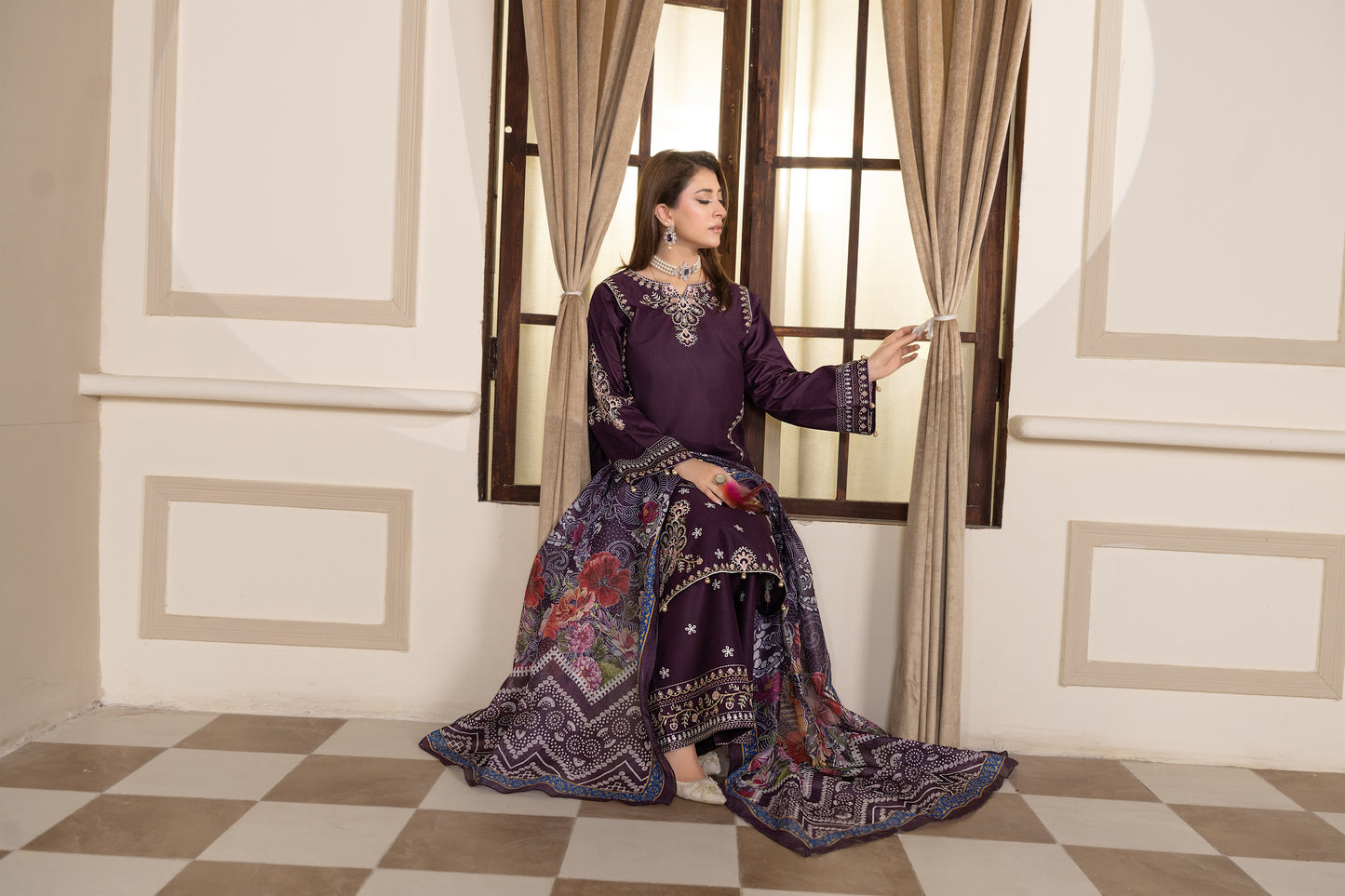 Purple Embroidered 3-Piece