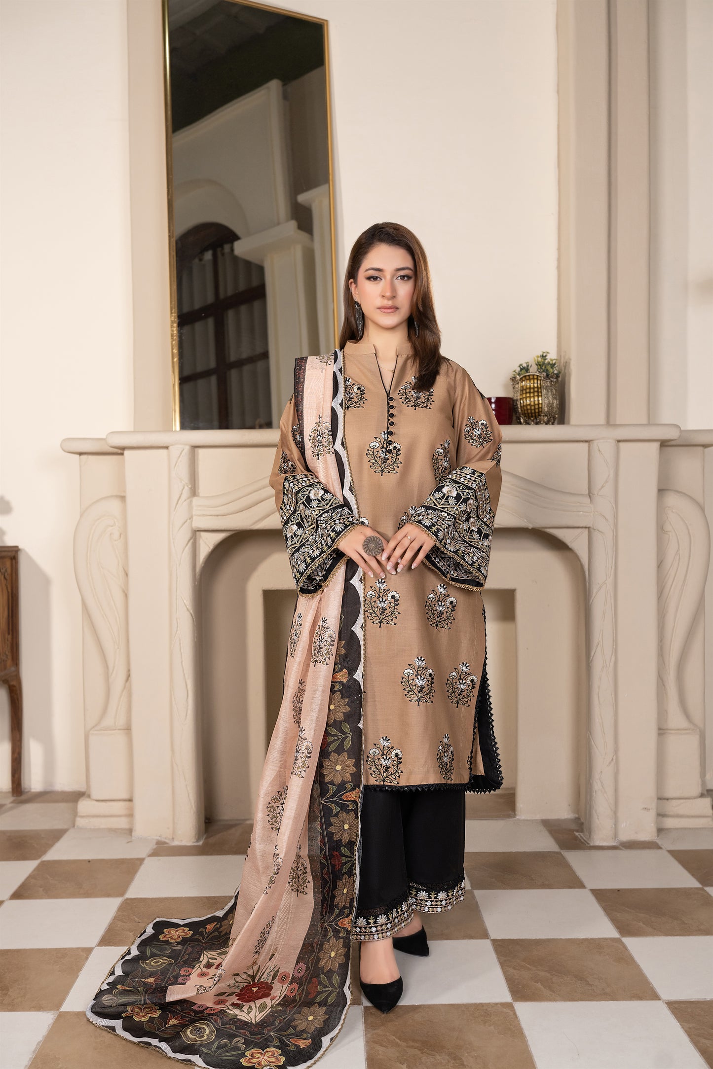 Beige Embroidered 3-Piece