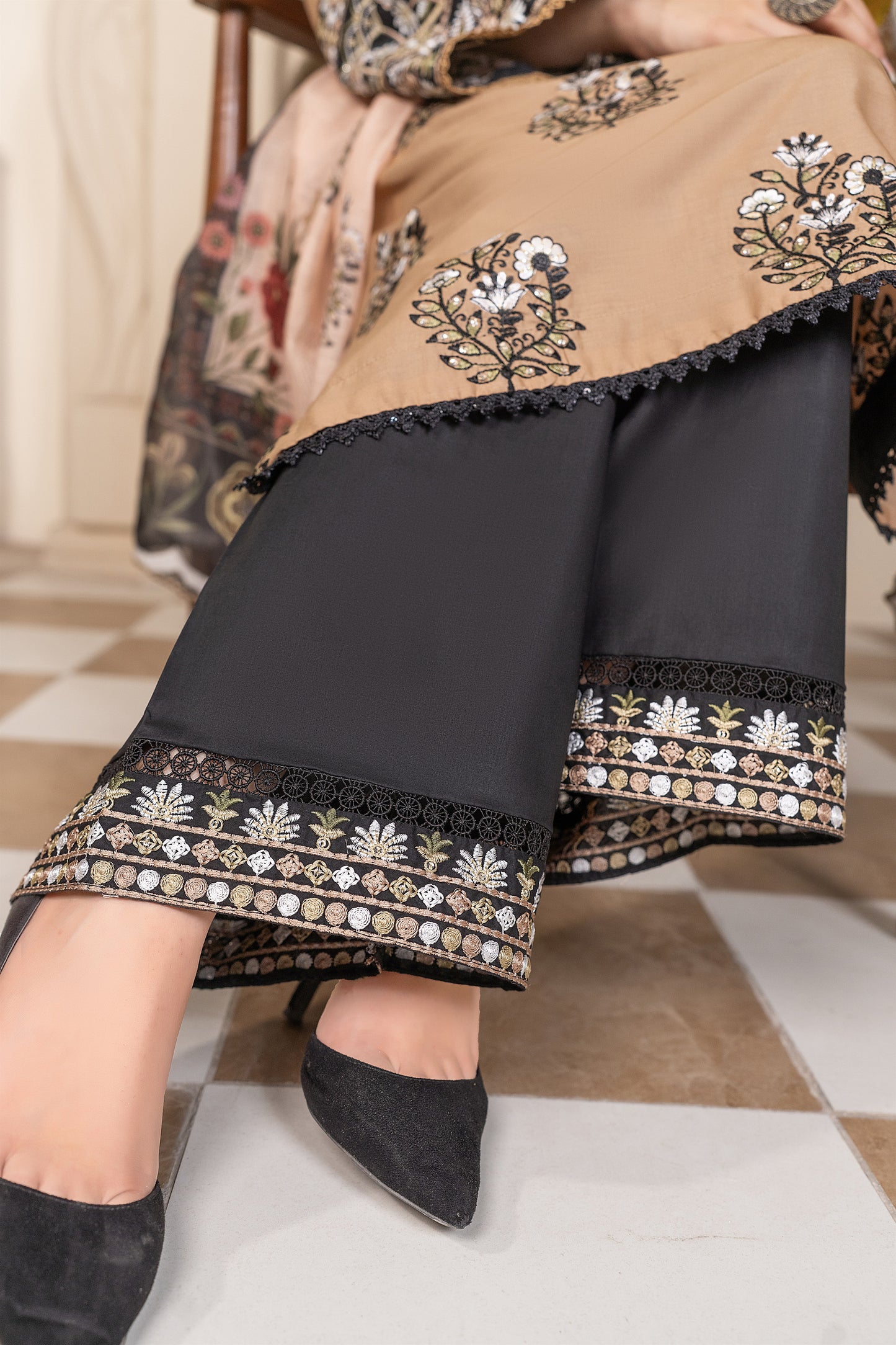 Beige Embroidered 3-Piece