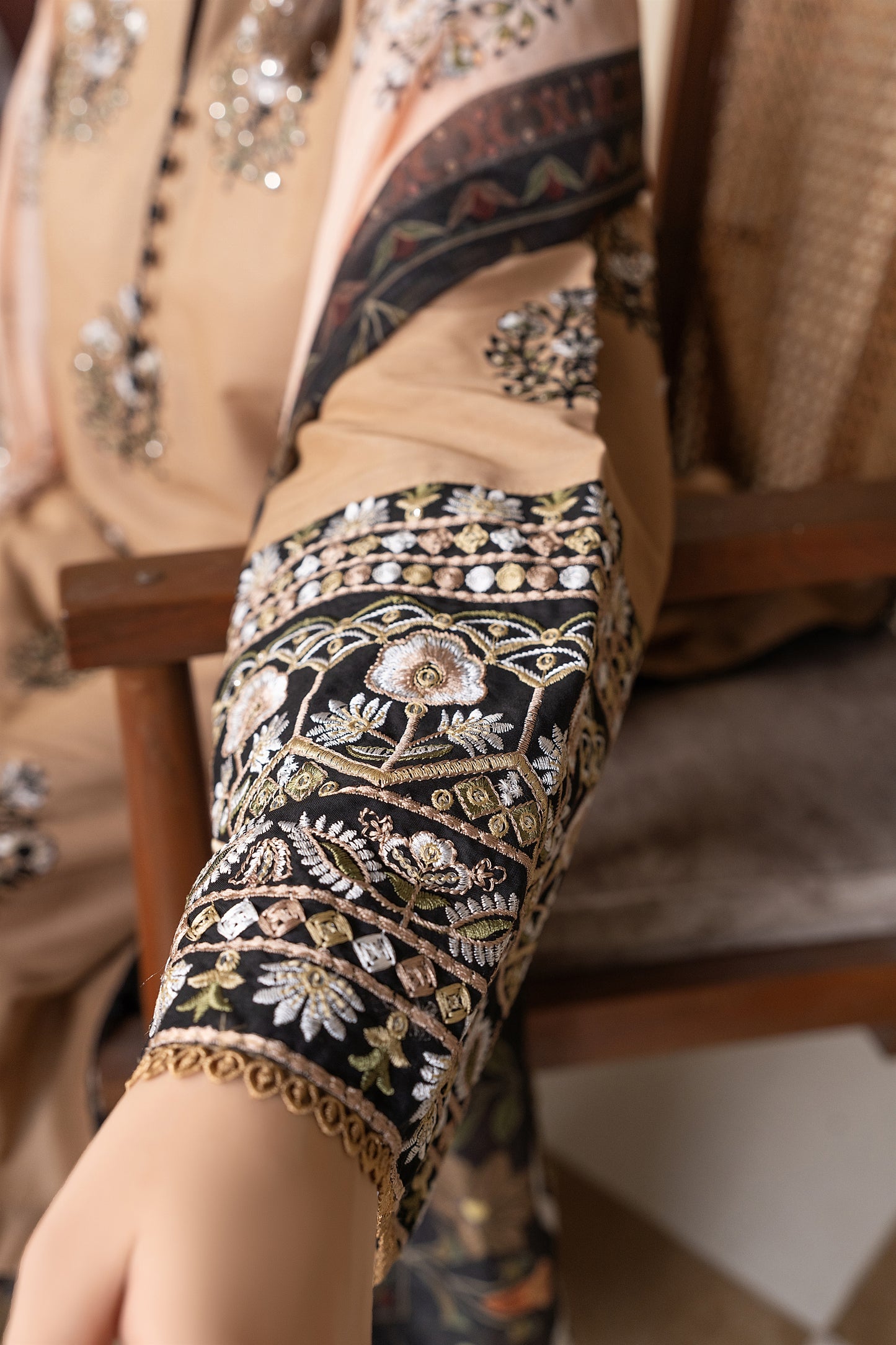 Beige Embroidered 3-Piece