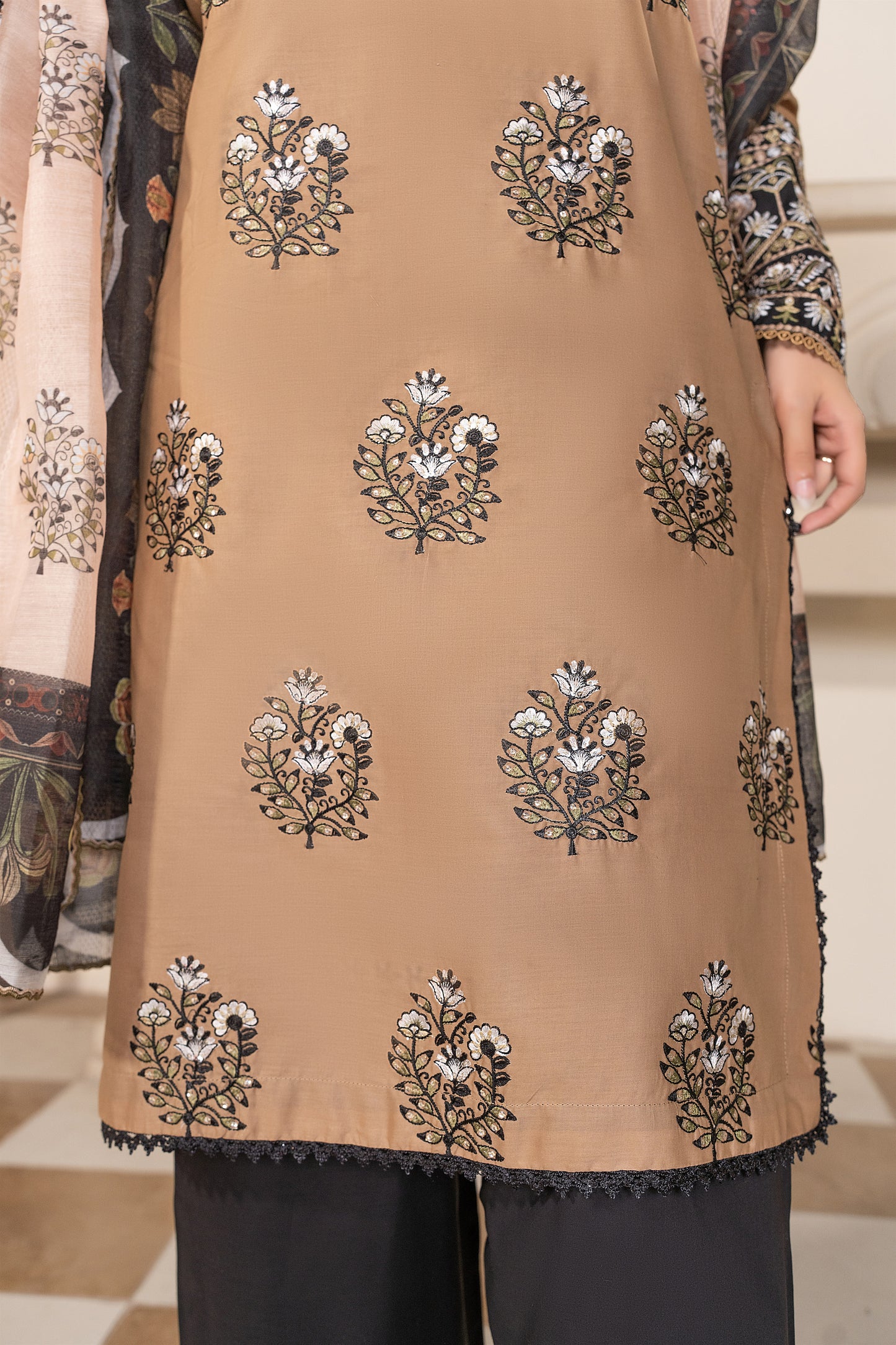 Beige Embroidered 3-Piece