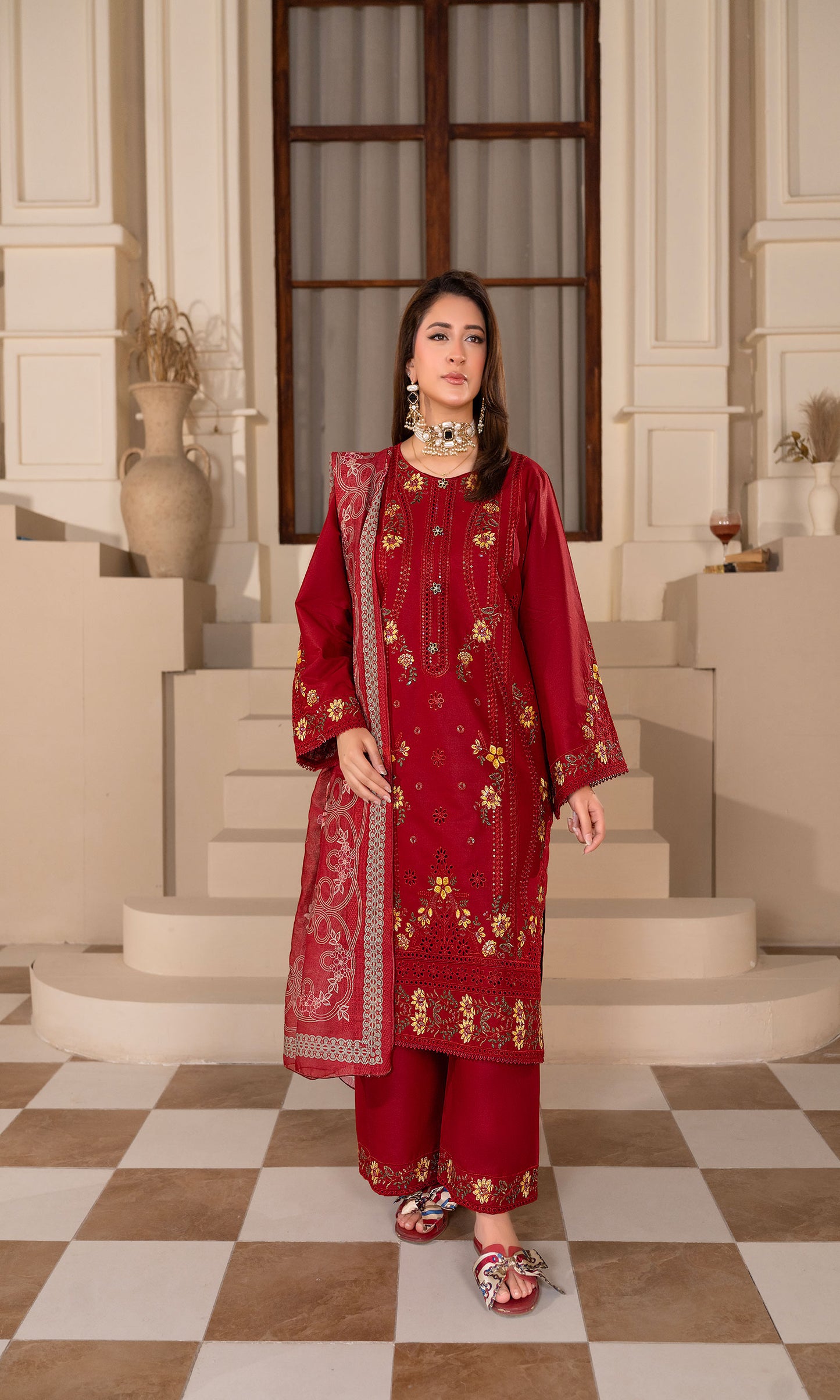 Maroon Embroidered 3-Piece