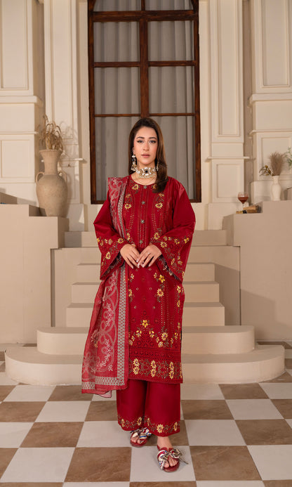 Maroon Embroidered 3-Piece