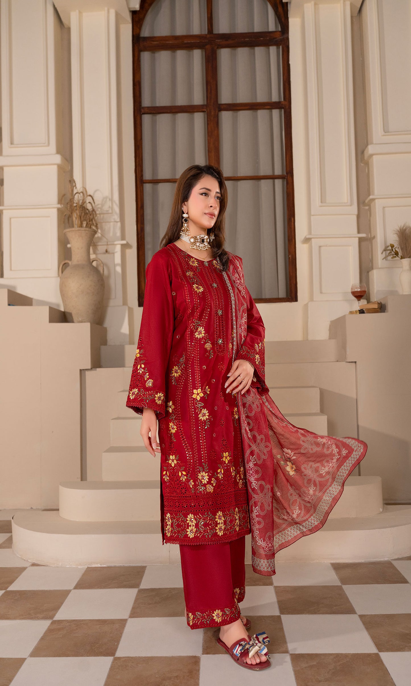 Maroon Embroidered 3-Piece