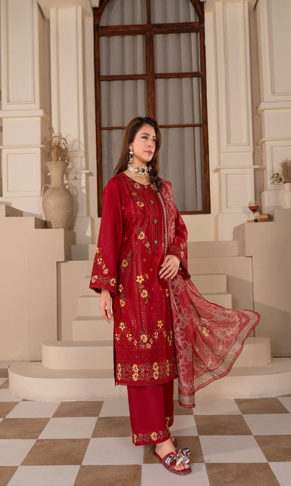 Maroon Embroidered 3-Piece