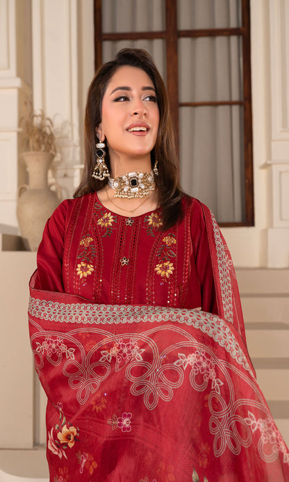 Maroon Embroidered 3-Piece