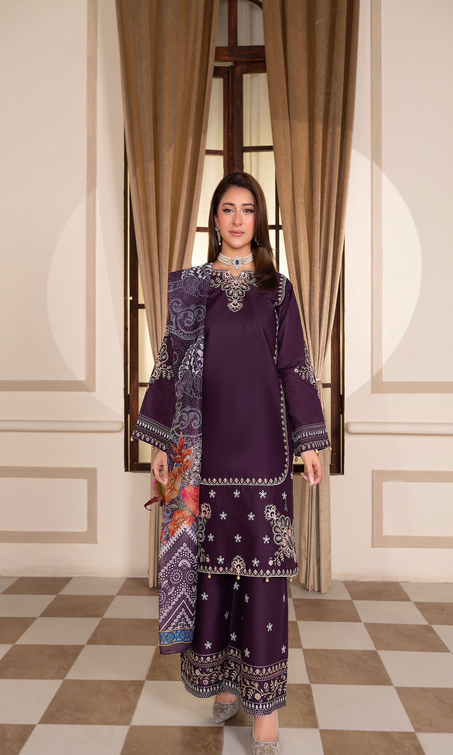 Purple Embroidered 3-Piece