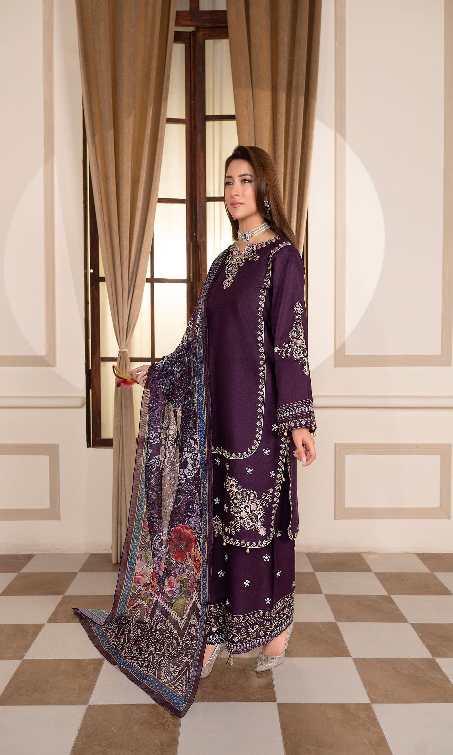 Purple Embroidered 3-Piece