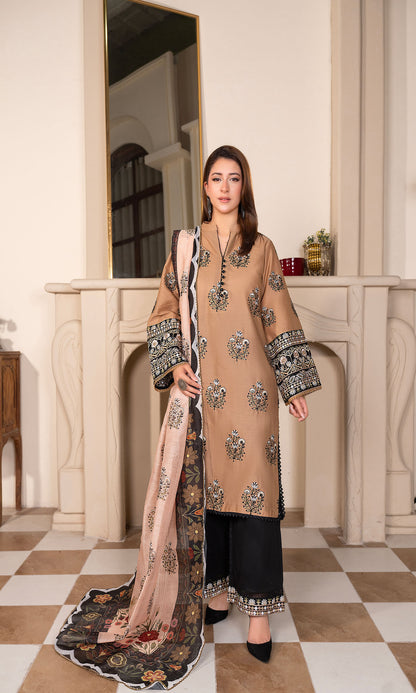 Beige Embroidered 3-Piece