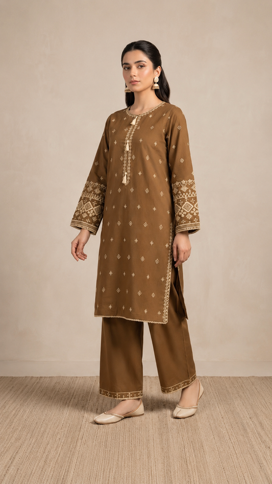 Brown Embroidered 2-PIECE